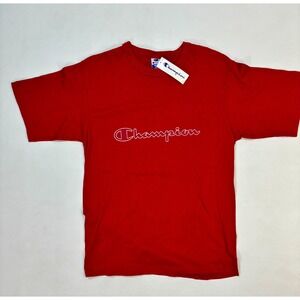 Y2K Champion Tee Red Classic Script Logo TShirt Medium‎ Cotton Athletic Apparel